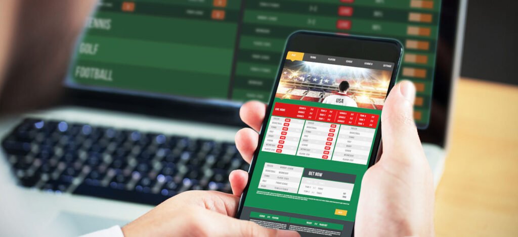 Businessman using smartphone against gambling app screen